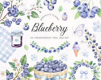 Blueberry Clipart Pack, Berry Clipart, Watercolor Blueberry, Summer Clipart, Wedding Invitation Art, Fruit Clipart,  Summer Picnic Png, FSTE