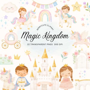 Cute Princess and Prince Clipart, Pink Princess Clipart, Fairytale Clipart, Magic Kingdom Art, Pastel Unicorn, Little Prince Clipart