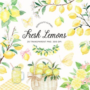 Lemon Clipart Pack, Watercolor Lemon, Summer Clipart, Wedding Invitation Clipart, Lemon Png, Mediterranean Lemon Clipart, Summer Fruit, FSTE