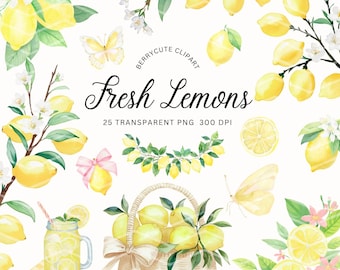 Lemon Clipart Pack, Watercolor Lemon, Summer Clipart, Wedding Invitation Clipart, Lemon Png, Mediterranean Lemon Clipart, Summer Fruit, FSTE