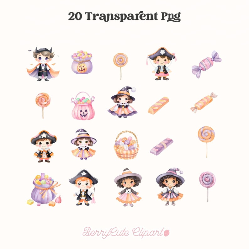 Watercolor Cute Halloween Clipart Pack, Trick or Treat Clipart ...