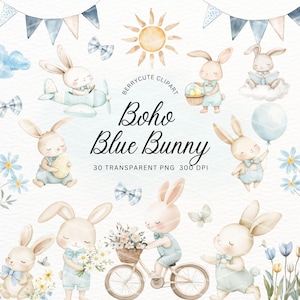 Boho konijntje clipartpakket, aquarel konijn illustraties, boho pasen clipart, schattige boskonijn, paashaas png, jongen babyshower clipart