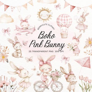 Boho Pink Bunny clipartpakket, aquarel konijn illustraties, boho pasen clipart, schattige boskonijn, bloemen konijntje, paashaas graphics