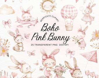 Boho Pink Bunny Clipart Pack, Watercolor Rabbit Illustrations, Boho Easter Clipart, Cute Woodland Bunny, Floral Bunny, Easter Bunny Graphics