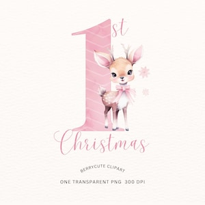 Weihnachten Hirsch Clipart, rosa Hirsch, 1. Weihnachten Clipart, Aquarell Rentier, süße Rehkitz Grafiken, Weihnachtssublimation, Weihnachtscliparts