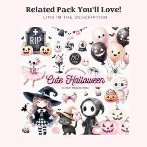 Op de afbeelding: Een set van 50 schattige Halloween-clipart-afbeeldingen. De clipart bevat een verscheidenheid aan personages, objecten en symbolen, zoals een heks, een skelet, een spook, een pompoen, een vleermuis, een spin en een snoepmais. De clipart is perfect voor het maken van Halloween-thema-ambachten, decoraties en uitnodigingen.