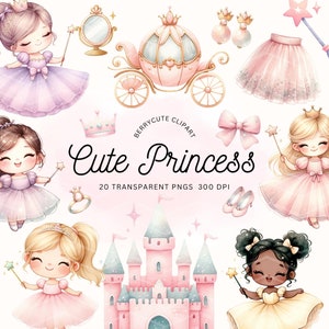 Roze prinsessen aquarel clipartpakket, prinsessenkasteel png, sprookjesprinses clipart, prinses verjaardag, roze koets