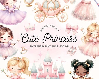Roze prinsessen aquarel clipartpakket, prinsessenkasteel png, sprookjesprinses clipart, prinses verjaardag, roze koets