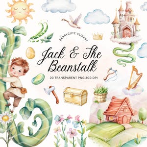 Jack and the Beanstalk Clipart, Magic Beans Clipart, Fairy Tale PNG, Watercolor Storybook Art, Baby Shower Graphics, Kids Invitation Clipart