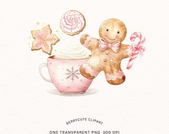 Pink Gingerbread Clipart, Pink Christmas Clipart, Watercolor Christmas Cookie, Christmas Latte Clipart, Cute Christmas Clipart