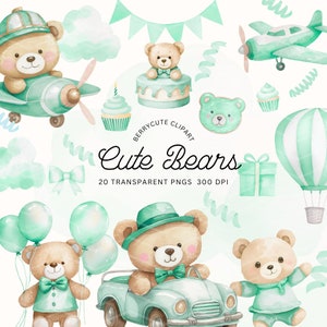 Green Watercolor Teddy Bear Clipart, Green Teddy, Boho Teddy Bear, Hot Air Balloon Teddy Bear, Baby Shower Clipart, Cute Bear PNG, Baby Bear