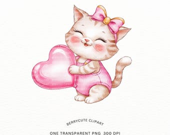 Valentine Cat Clipart, Cute Kitten Clipart, Watercolor Cat Png, Watercolor Love Animal, Valentine Clipart, Valentine Printable Png
