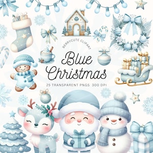 Blue Christmas Clipart Pack, Winter Wonderland Clipart, Blue Christmas Tree, Santa Clipart, Snowman PNG, Blue Christmas Png, Hygge Clipart