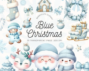 Blue Christmas Clipart Pack, Winter Wonderland Clipart, Blue Christmas Tree, Santa Clipart, Snowman PNG, Blue Christmas Png, Hygge Clipart