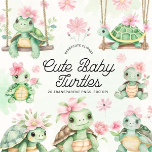 Baby Turtle With Flowers Clipart Pack, Cute Baby Turtle, Pond Life Clipart, Watercolor Sea Turtle Clipart, Turtle Junk Journals, NTR