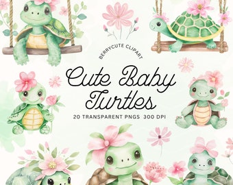 Pacote de Clipart de Tartaruga Bebê com Flores, Tartaruga Bebê Fofa, Clipart de Vida em Lagoa, Clipart de Tartaruga Marinha em Aquarela, Diários de Arte com Tartarugas, NTR