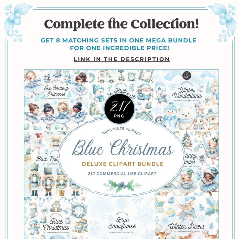 Blue Christmas Clipart Pack, Winter Wonderland Clipart, Blue Christmas Tree, Santa Clipart, Snowman PNG, Blue Christmas Png, Hygge Clipart image 3