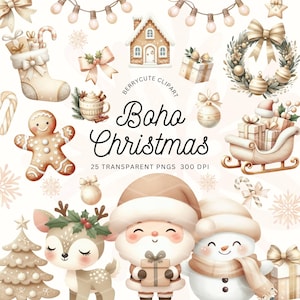May include: A set of 25 digital illustrations featuring a boho Christmas theme. The illustrations include a gingerbread person, a reindeer, Santa Claus, a snowman, a Christmas tree, a sleigh, a wreath, a gingerbread house, and other festive elements. The illustrations are in a watercolor style and feature a warm color palette of browns, creams, and golds.