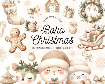 Watercolor Neutral Christmas Clipart, Boho Christmas Clipart, Watercolor Christmas Wreath, Neutral Tones, Hygge Clipart, Neutral Clipart