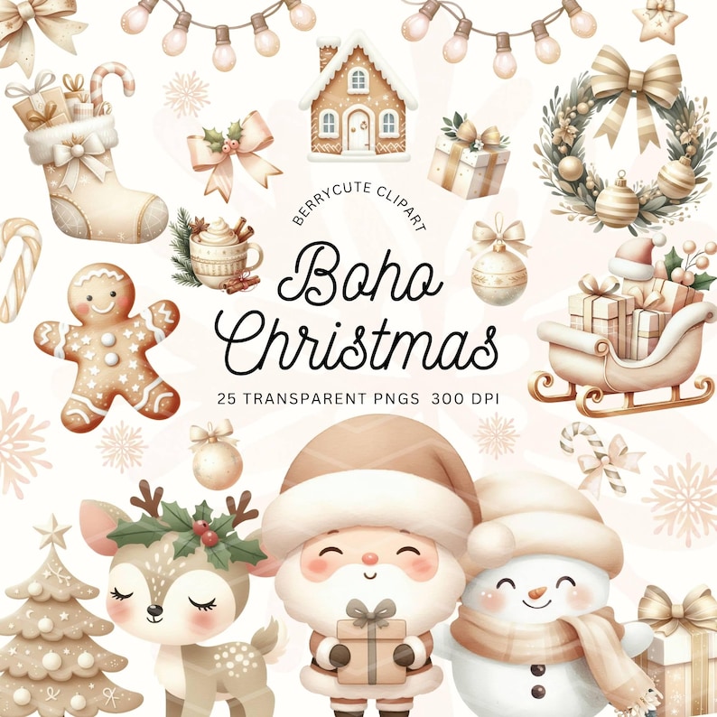 Watercolor Neutral Christmas Clipart, Boho Christmas Clipart, Watercolor Christmas Wreath, Neutral Tones, Hygge Clipart, Neutral Clipart