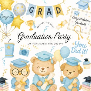 Graduation Animals Clipart, Class of 2025 PNG, Kindergarten Graduation Art, Graduation Teddy Bear, Graduation Party Clipart, Blue Graduation