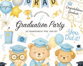 Graduation Animals Clipart, Class of 2025 PNG, Kindergarten Graduation Art, Graduation Teddy Bear, Graduation Party Clipart, Blue Graduation