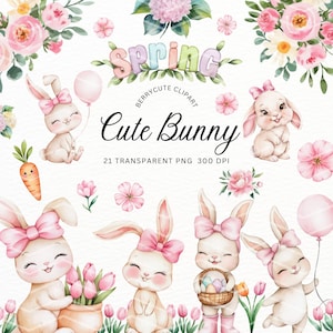 Spring Bunny Clipart Pack, Cute Easter Bunny PNG, Watercolor Rabbit, Floral Bunny Illustration, Spring Clipart, Easter Png