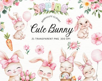 Spring Bunny Clipart Pack, Cute Easter Bunny PNG, Watercolor Rabbit, Floral Bunny Illustration, Spring Clipart, Easter Png