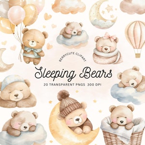 Sleeping Teddy Bear Clipart Bundle, Boho Bear PNG, Baby Bear Clipart, Neutral Teddy PNG, Baby Shower Clipart, Baby Shower Clipart