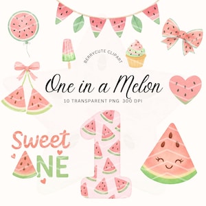 Pode incluir: Ilustrações em aquarela com tema de melancia, incluindo um balão, faixa, laço, cupcake, coração e o número um. O texto diz "One in a Melon" e "Sweet One".