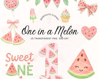 One in a Melon Clipart, Watermelon Slice PNG, Watercolor Watermelon Clipart, Baby Girl First Birthday Art, First Birthday Clipart, FBDY