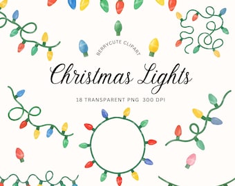 Aquarel kerstverlichting clipart, vakantieverlichting clipart, schattige lichtslingers png, feestelijke graphics, vakantiedecor, kerst clipart