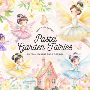 Pastel Fairy Garden Clipart, Watercolor Fairy Clipart, Pink Fairy PNG, Fairy Garden, Mushroom Clipart, Butterfly Clipart, Nursery Clipart