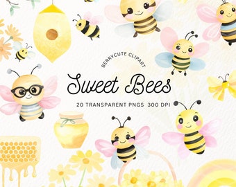 Süße Biene Aquarell Clipart Paket, Baby Biene Png, Honig Clipart, Biene Thema, Honigwabe Clipart, Honigbiene Clipart, Kinderzimmer Clipart, NTR