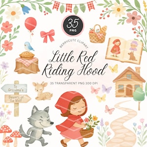 Rotkäppchen-Clipart-Set, Märchen-Clipart, Wald Clipart, böser Wolf, Kinderzimmer-Kunst, Wald Clipart, Kartenherstellung