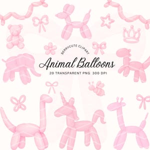 Animal Balloon Clipart Set, Pink  Dog, Dino, Elephant, Giraffe, Number Balloons, Cute Balloons, Party Graphics, Kids Birthday Clipart