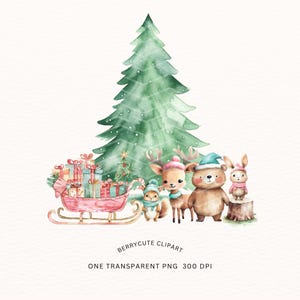 水彩画の森のクリスマスクリップアート、冬の森、森の動物、クリスマスクリップアート、居心地の良いクリスマス、クリスマス昇華デザイン