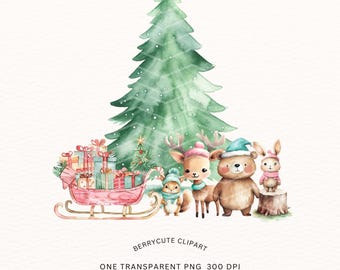 Clipart Noël forêt aquarelle, hiver forêt, animaux de la forêt, clipart Noël, Noël douillet, sublimation de Noël design