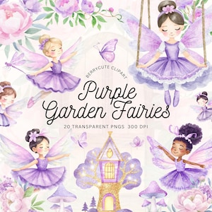 Purple Fairy Clipart, Watercolor Fairy Clipart, Fairy PNG, Fairy Garden, Mushroom Clipart, Butterfly Clipart, Fairy Swing, Nursery