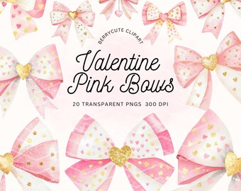 Valentine Bow Clipart Pack - Pink Bows Clipart, Heart Bow PNG, Coquette Bow Clipart, Pink and Gold Heart Bows, Cute Valentine Clipart