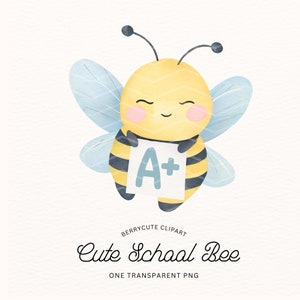 Puede incluir: Una abeja de dibujos animados linda con alas azules sosteniendo un cartel blanco con una A+ en él. La abeja es amarilla con rayas negras y tiene una expresión feliz.