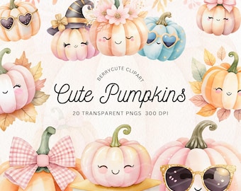 Cute Pumpkin Clipart Pack, Kawaii Pumpkin PNG, Pumpkin With Bow Clipart, Autumn Clipart, Pumpkin Harvest Clipart, Watercolor Pumpkin