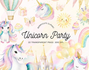 May include: A set of 22 watercolour illustrations featuring unicorns, rainbows, castles, balloons, stars, butterflies, and other whimsical elements. The illustrations are perfect for party decorations, invitations, or scrapbooking.