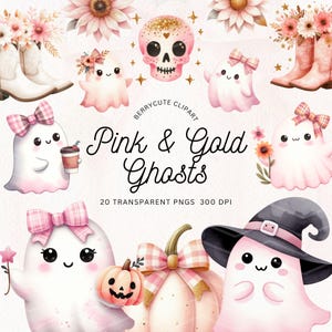 Op de afbeelding: Een set van 20 digitale clip art-afbeeldingen met roze en gouden geesten met verschillende uitdrukkingen en accessoires. De afbeeldingen zijn perfect voor Halloween-knutselwerk, feestdecoraties en meer.