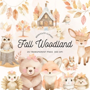 Könnte beinhalten: Ein Set mit 20 Aquarell-Illustrationen mit Waldtieren, einer gemütlichen Hütte und Herbstblättern. Die Illustrationen sind perfekt zum Erstellen von Herbst-Bastelarbeiten, Karten und Einladungen. Fall Woodland 20 transparente PNGs 300 DPI.