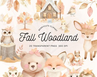 Watercolor Fall Animal Clipart Pack, Fall Woodland Creatures, Fox, Bear, Turkey, Squirrels, Forest Animals, Woodland Animal Clipart Bundle