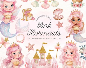 Pink Mermaid Clipart Pack, Watercolor Under the Sea, Cute Mermaid Clipart Set, Mermaid Invitations, Mermaid Png, Girls Birthday Invitations