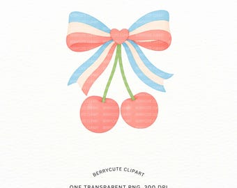 Preppy Patriotic Cherry Bow Clipart, Red White Blue 4th of July PNG, Trendy USA Coquette Design - Summer Sublimation Art, Fourth of July Png