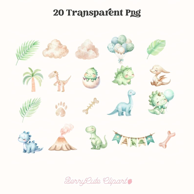 Puede incluir: Un conjunto de 20 ilustraciones de dinosaurios en acuarela, que incluyen un huevo de dinosaurio, un esqueleto de dinosaurio, una huella de dinosaurio, un dinosaurio sosteniendo un globo, un dinosaurio con una pancarta, un volc&aacute;n, una palmera y nubes. Las ilustraciones est&aacute;n en tonos de verde, azul, rosa y marr&oacute;n.