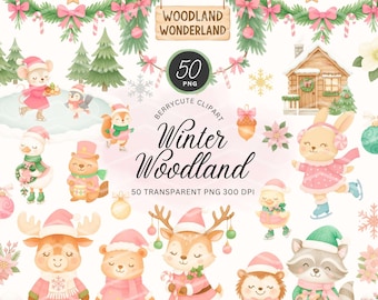 Winter bos clipartbundel, pastel bosdieren png, kerst dieren clipart, bosdieren, winter dieren clipart, feestelijk png